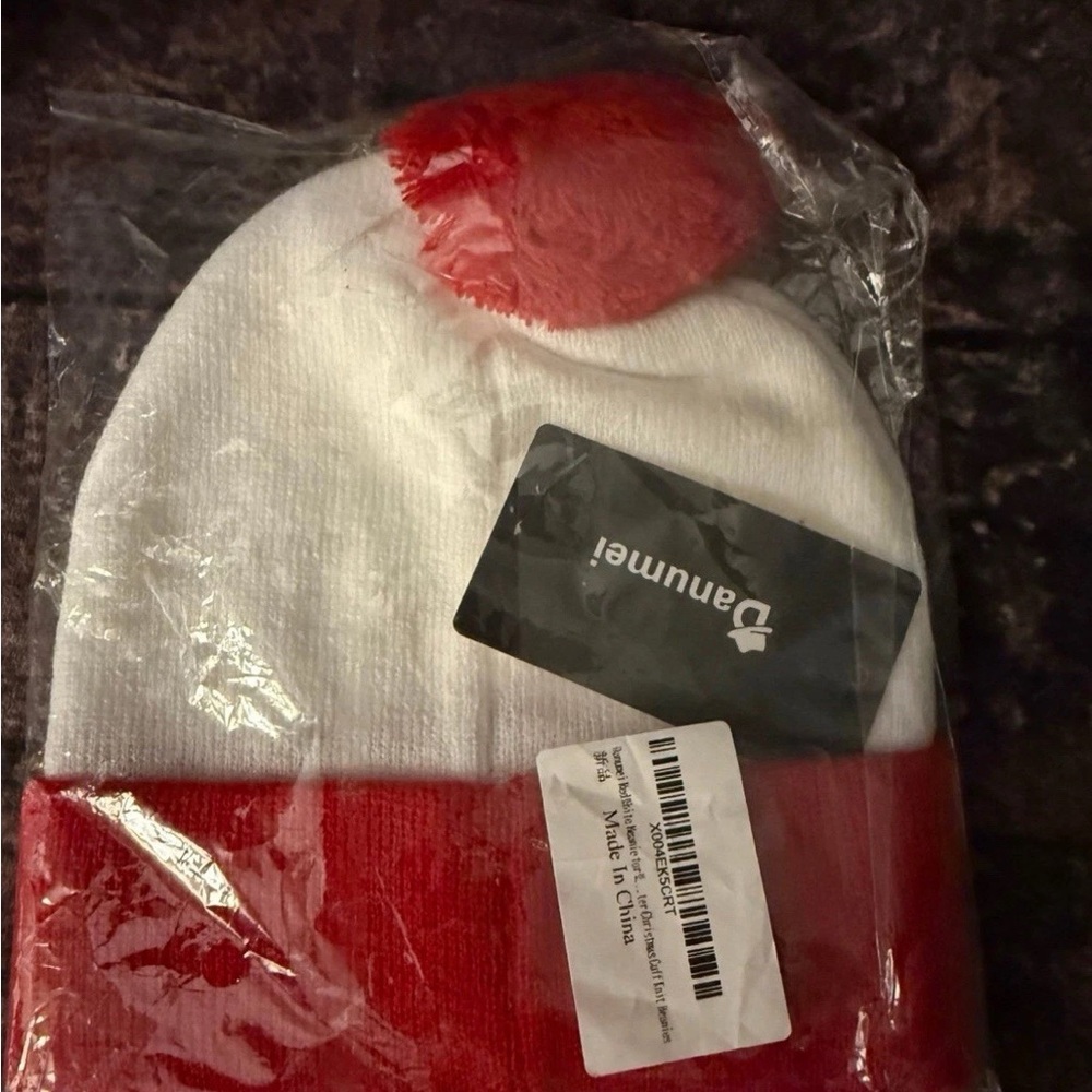 Red & White Beanie Hat w/Pom for Men or Women (One Size)